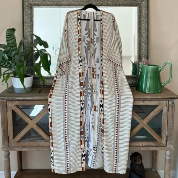 New Tribal Print Kimono Duster Maxi Robe Coverup - Picture 4 of 7